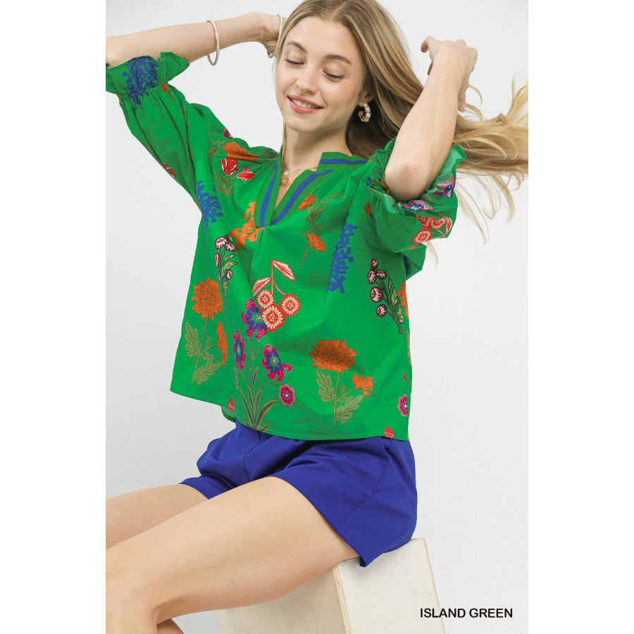 Umgee Floral Split Neck Puff Sleeve Top Apparel and Accessories