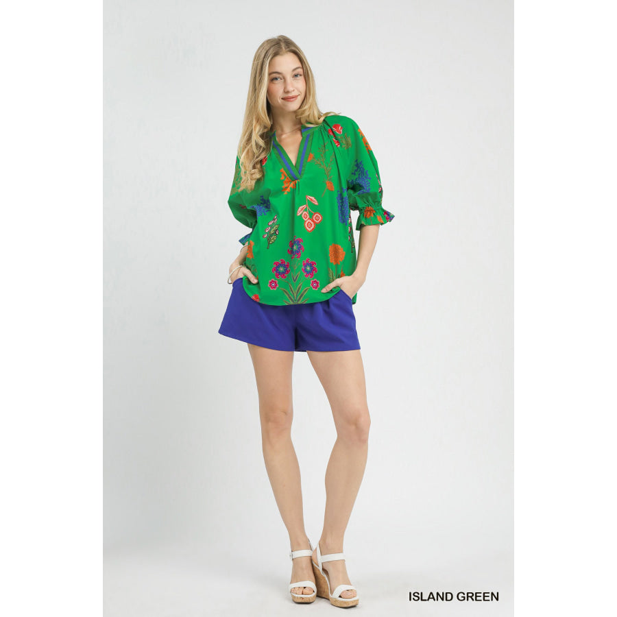 Umgee Floral Split Neck Puff Sleeve Top Apparel and Accessories