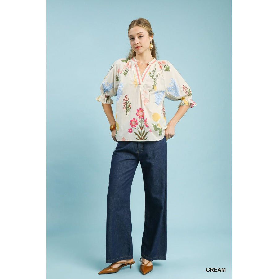 Umgee Floral Split Neck Puff Sleeve Top Apparel and Accessories