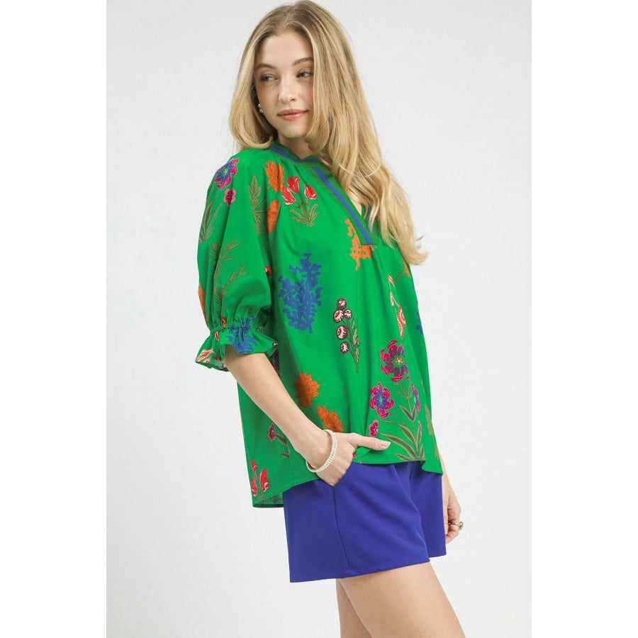 Umgee Floral Split Neck Puff Sleeve Top ISLAND GREEN / S Apparel and Accessories