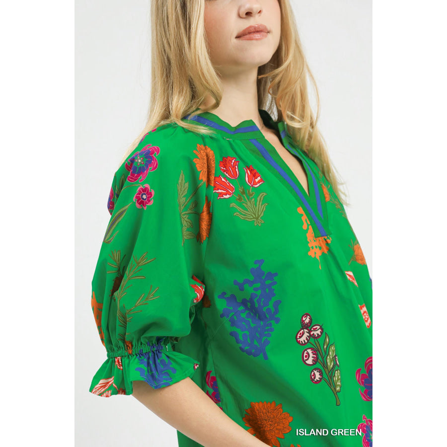 Umgee Floral Split Neck Puff Sleeve Top Apparel and Accessories
