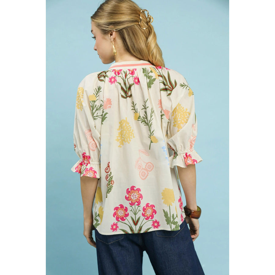 Umgee Floral Split Neck Puff Sleeve Top Apparel and Accessories