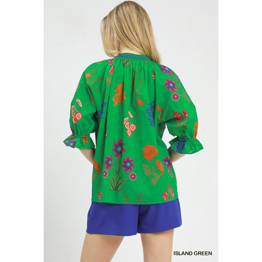 Umgee Floral Split Neck Puff Sleeve Top Apparel and Accessories