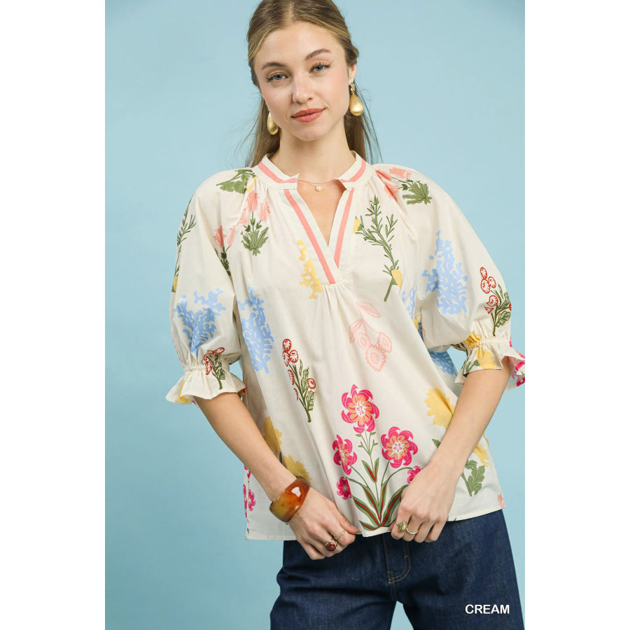 Umgee Floral Split Neck Puff Sleeve Top CREAM / S Apparel and Accessories