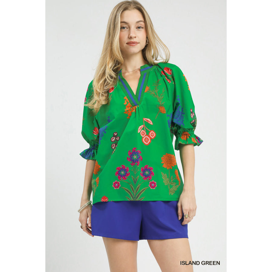 Umgee Floral Split Neck Puff Sleeve Top ISLAND GREEN / S Apparel and Accessories