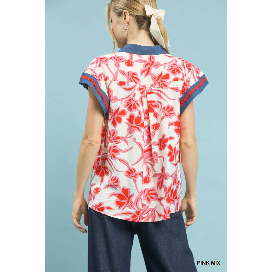 Umgee Floral Split Neck Top Apparel and Accessories