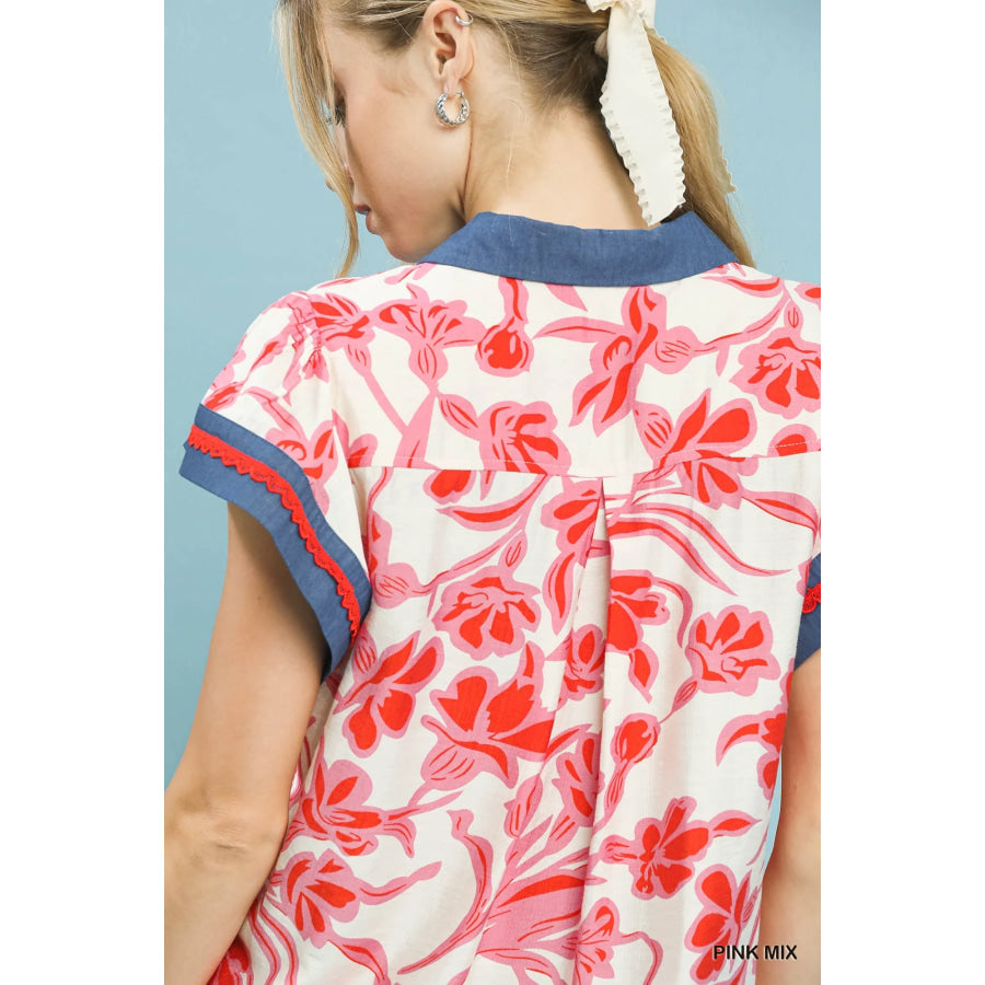 Umgee Floral Split Neck Top Apparel and Accessories