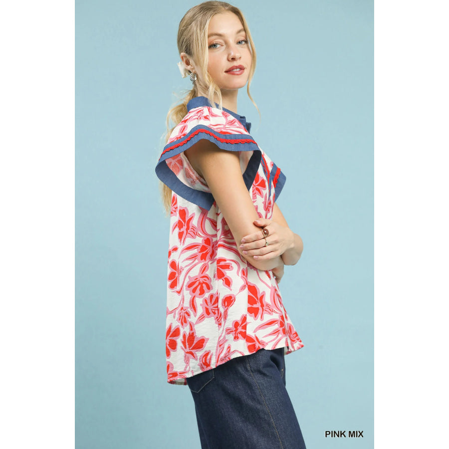 Umgee Floral Split Neck Top PINK MIX / S Apparel and Accessories