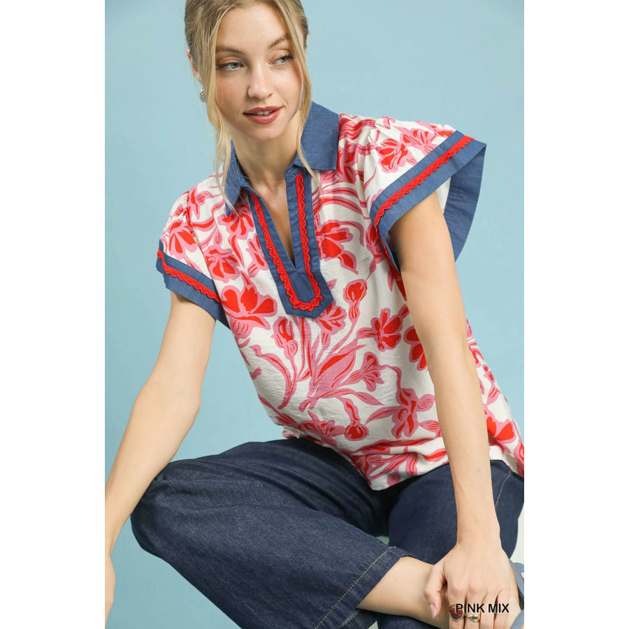 Umgee Floral Split Neck Top Apparel and Accessories