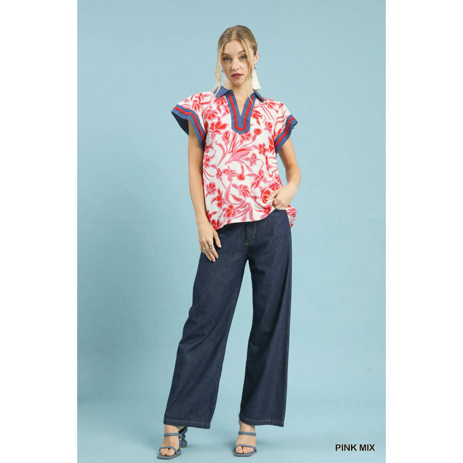 Umgee Floral Split Neck Top Apparel and Accessories