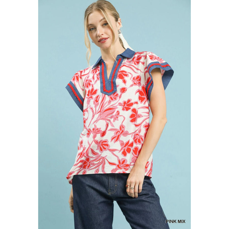 Umgee Floral Split Neck Top PINK MIX / S Apparel and Accessories