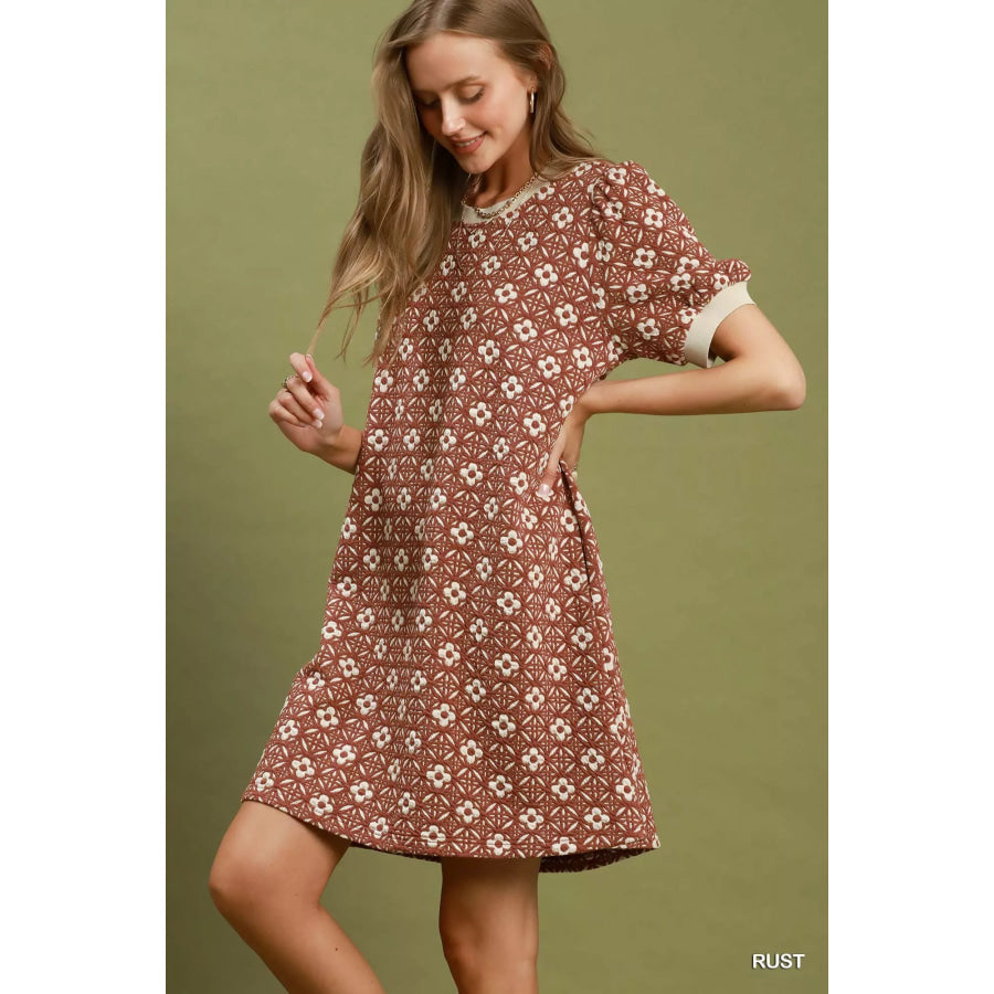 Umgee Floral Textured Puff Sleeve Mini Dress Apparel and Accessories
