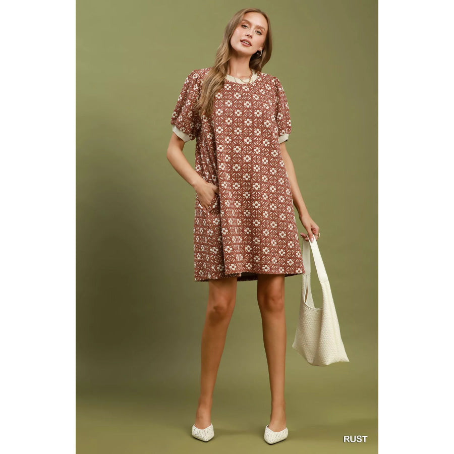 Umgee Floral Textured Puff Sleeve Mini Dress Apparel and Accessories