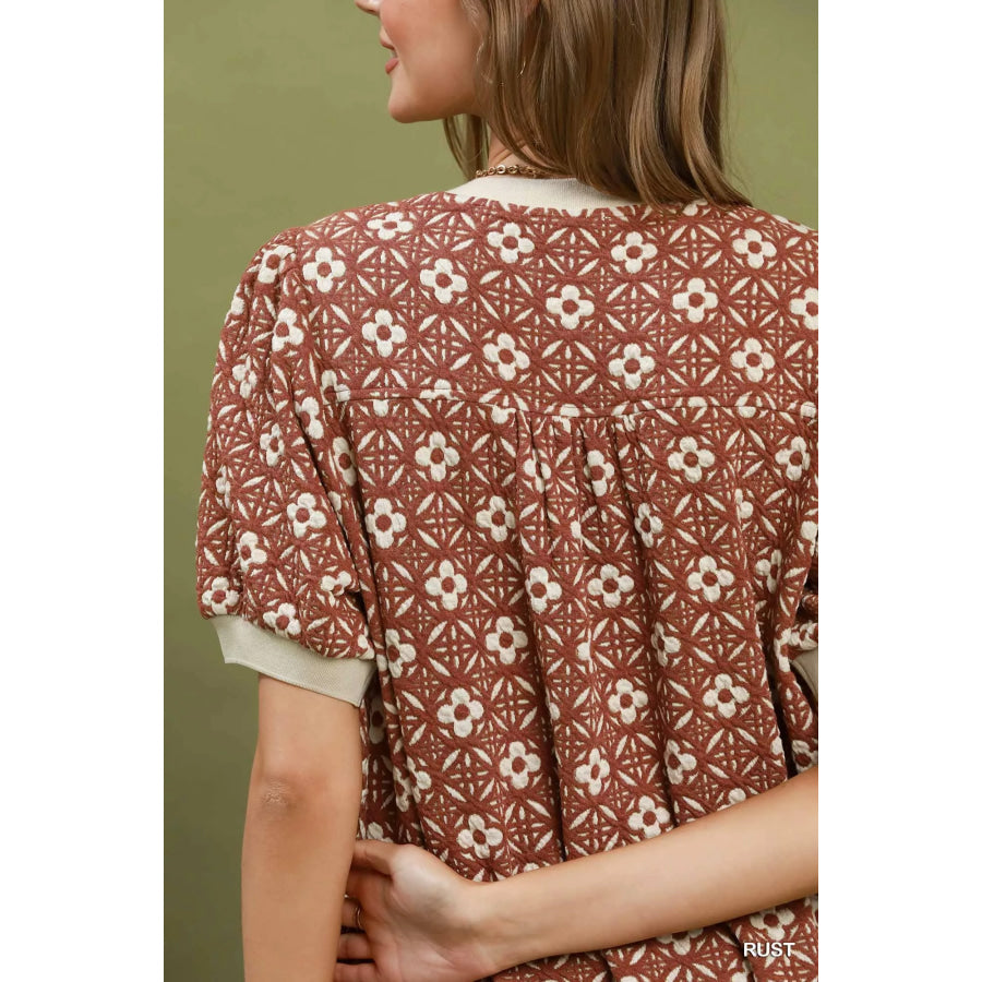 Umgee Floral Textured Puff Sleeve Mini Dress Apparel and Accessories