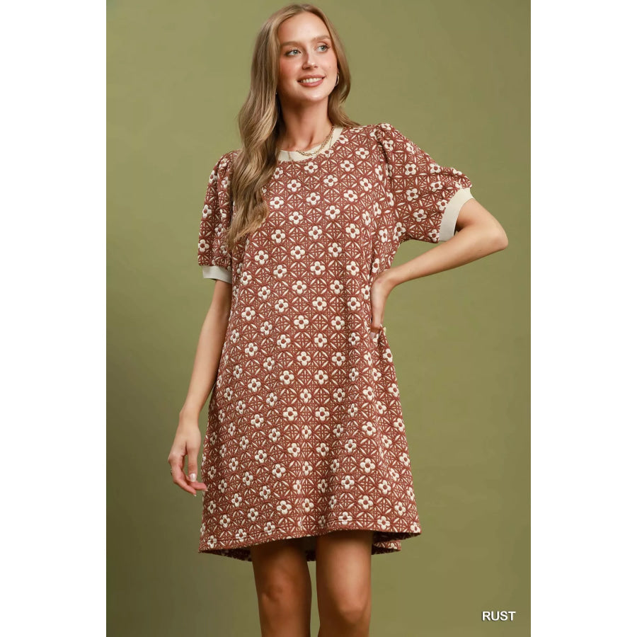 Umgee Floral Textured Puff Sleeve Mini Dress RUST / S Apparel and Accessories