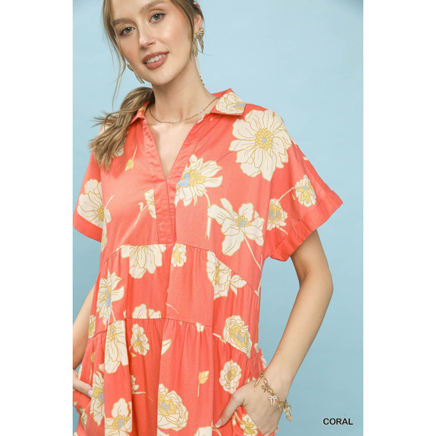 Umgee Floral Tiered Collared Babydoll Dress Apparel and Accessories