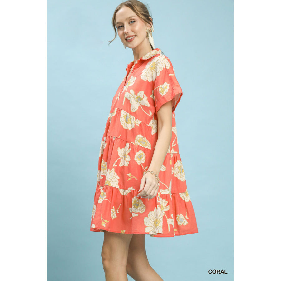 Umgee Floral Tiered Collared Babydoll Dress Apparel and Accessories