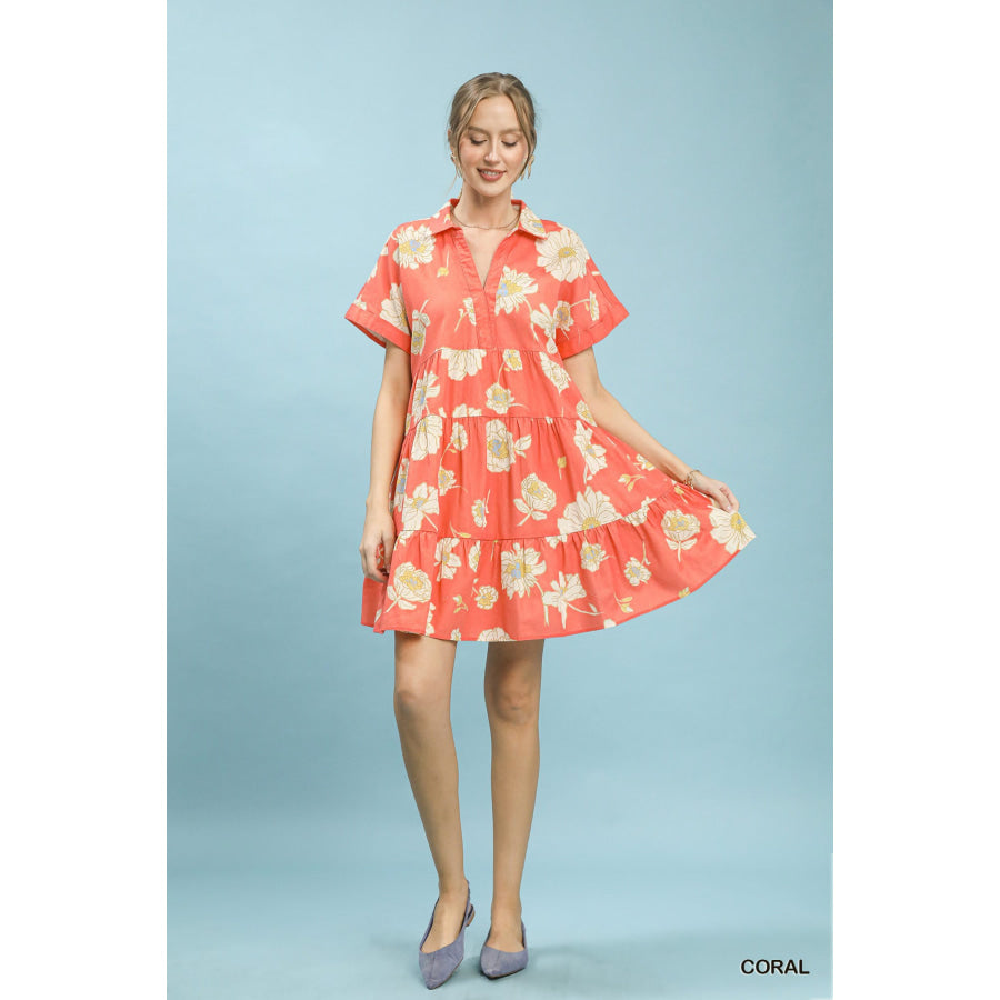 Umgee Floral Tiered Collared Babydoll Dress Apparel and Accessories