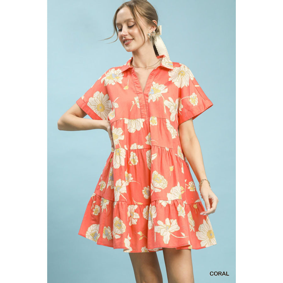 Umgee Floral Tiered Collared Babydoll Dress CORAL / S Apparel and Accessories