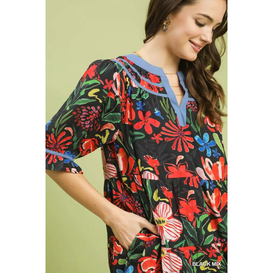Umgee Floral Tiered Puff Sleeve Dress Apparel and Accessories