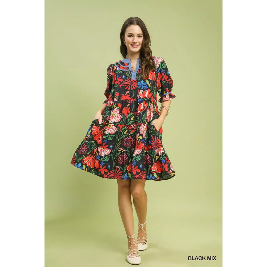 Umgee Floral Tiered Puff Sleeve Dress Apparel and Accessories