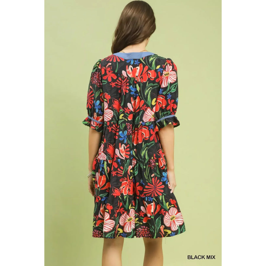 Umgee Floral Tiered Puff Sleeve Dress Apparel and Accessories