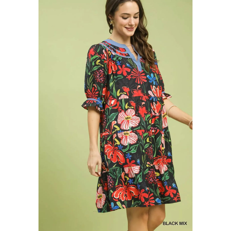 Umgee Floral Tiered Puff Sleeve Dress BLACK MIX / S Apparel and Accessories