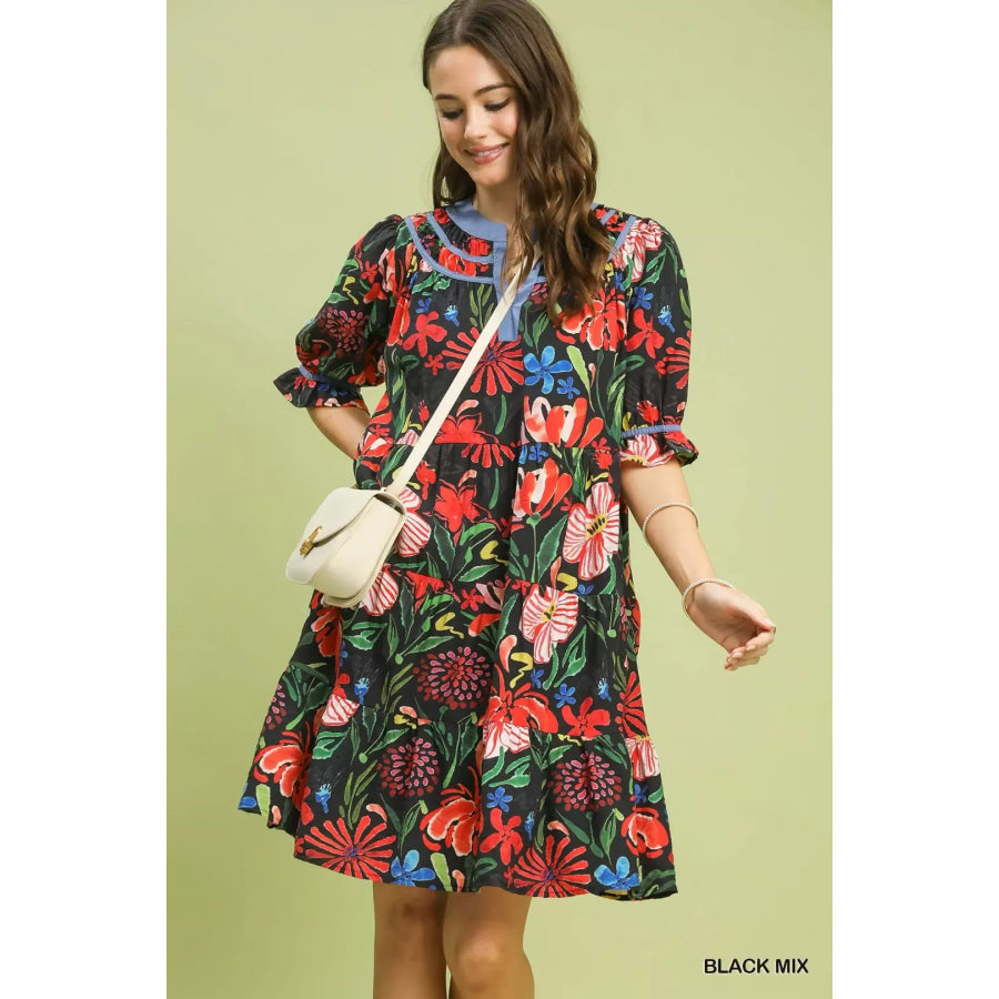 Umgee Floral Tiered Puff Sleeve Dress BLACK MIX / S Apparel and Accessories
