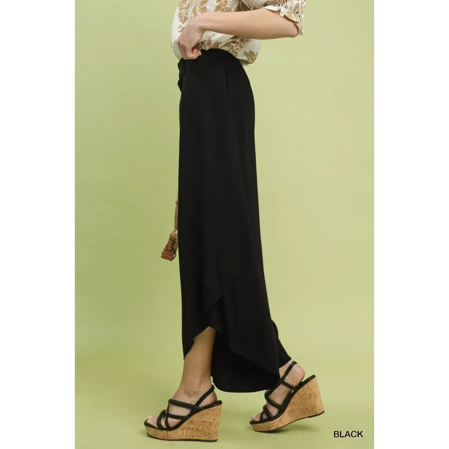 Umgee Flowy Asymmetrical Hem Wide Leg Pants BLACK / S Apparel and Accessories
