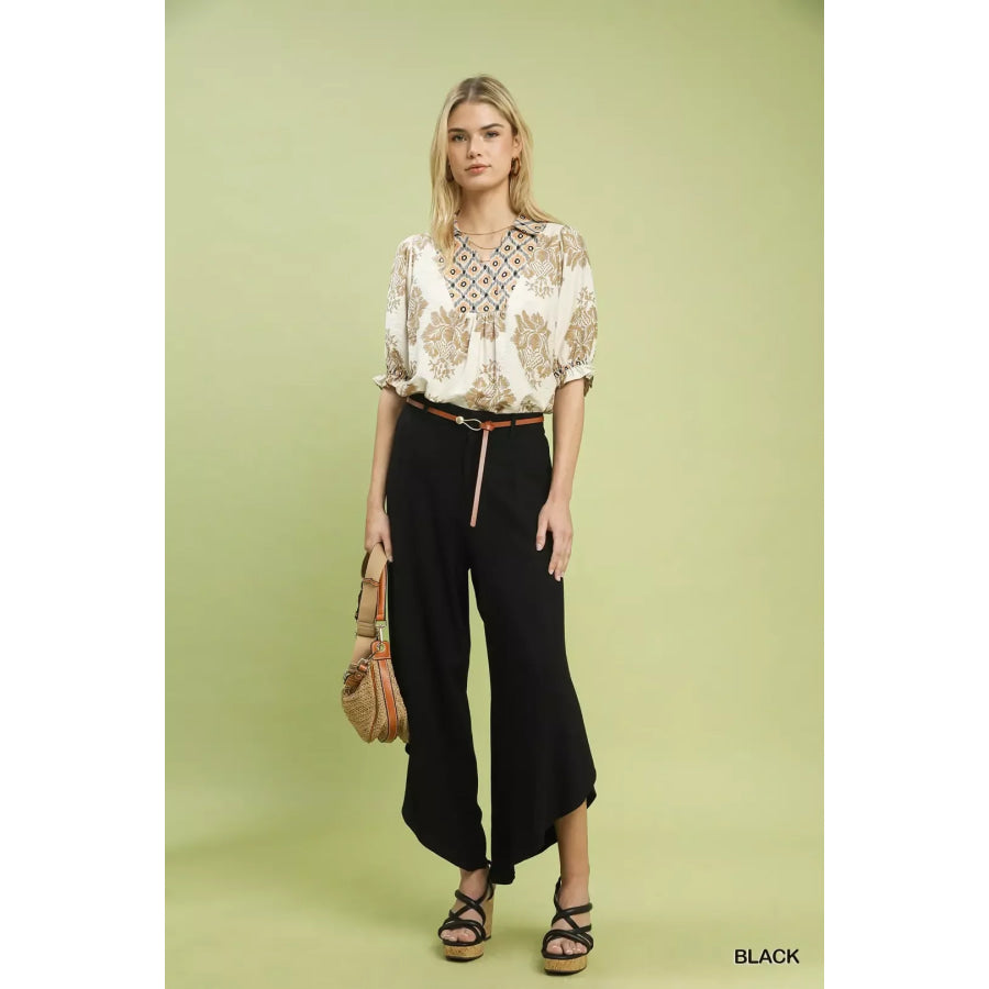 Umgee Flowy Asymmetrical Hem Wide Leg Pants Apparel and Accessories