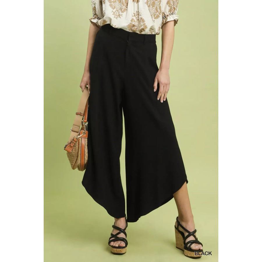 Umgee Flowy Asymmetrical Hem Wide Leg Pants BLACK / S Apparel and Accessories