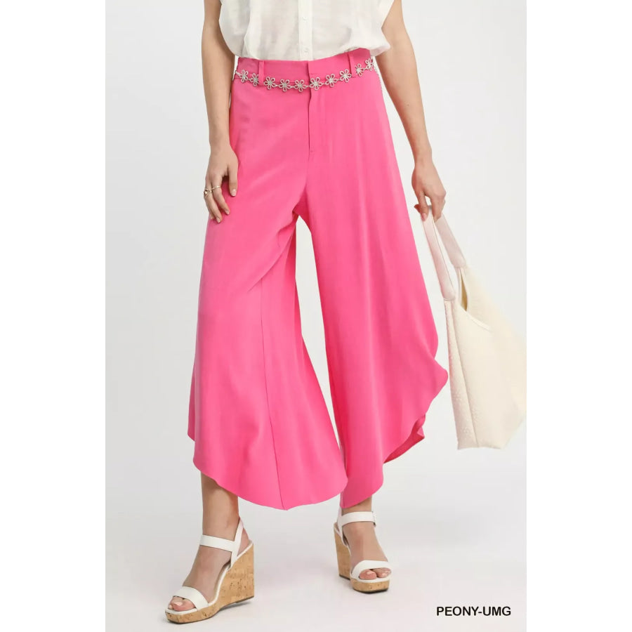Umgee Flowy Asymmetrical Hem Wide Leg Pants PEONY-UMG / S Apparel and Accessories