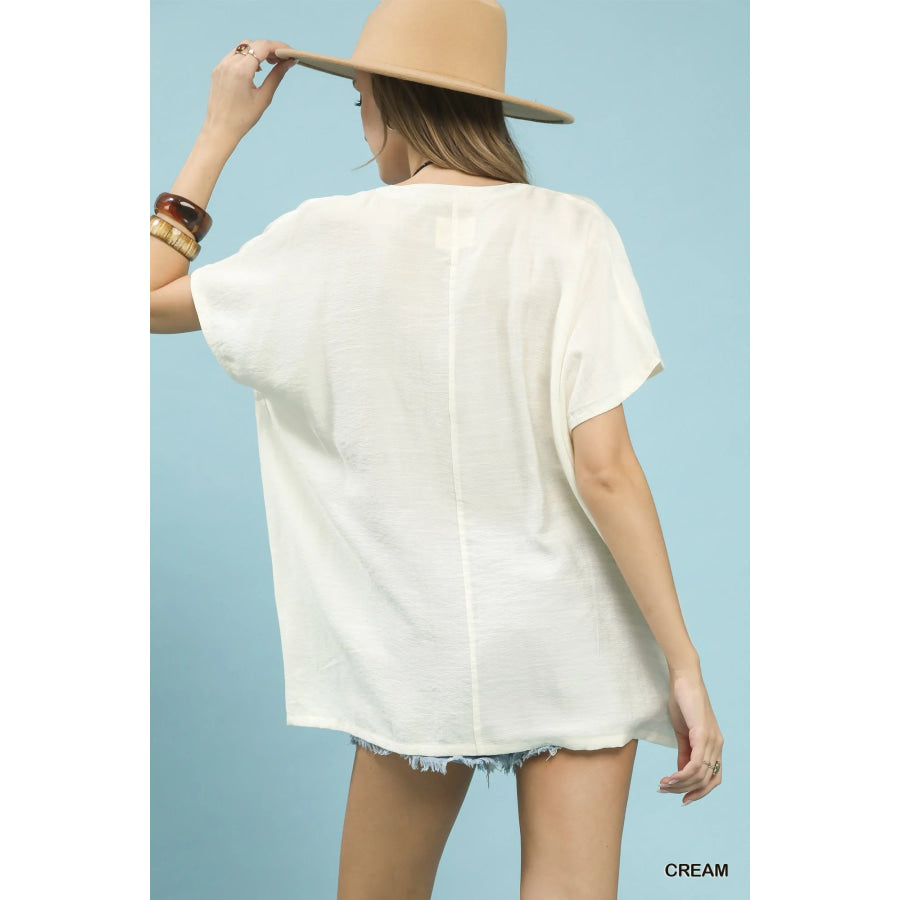 Umgee Flowy V-Neck Short Sleeve Blouse Apparel and Accessories