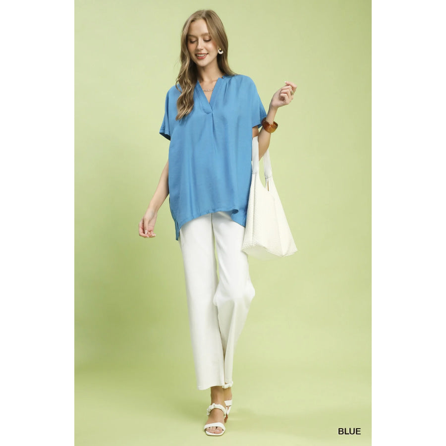 Umgee Flowy V-Neck Short Sleeve Blouse Apparel and Accessories