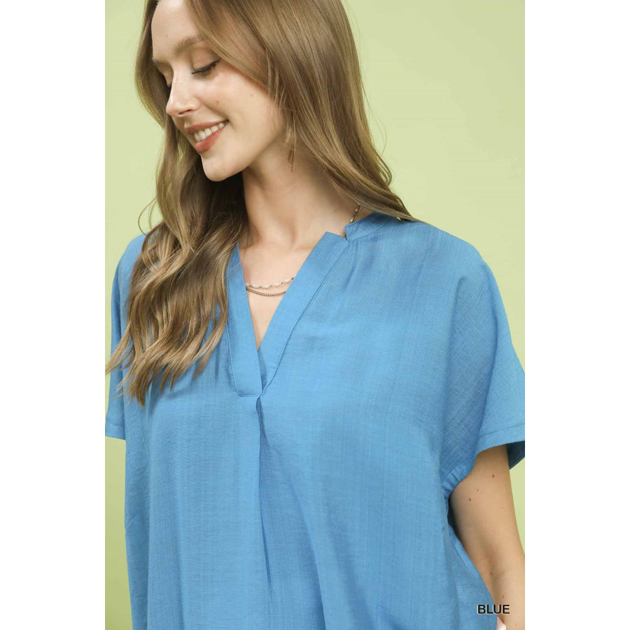 Umgee Flowy V-Neck Short Sleeve Blouse Apparel and Accessories