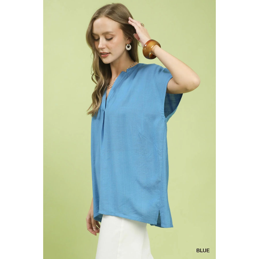 Umgee Flowy V-Neck Short Sleeve Blouse BLUE / S Apparel and Accessories