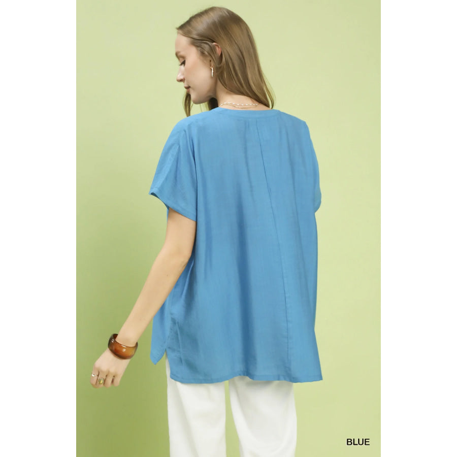 Umgee Flowy V-Neck Short Sleeve Blouse Apparel and Accessories