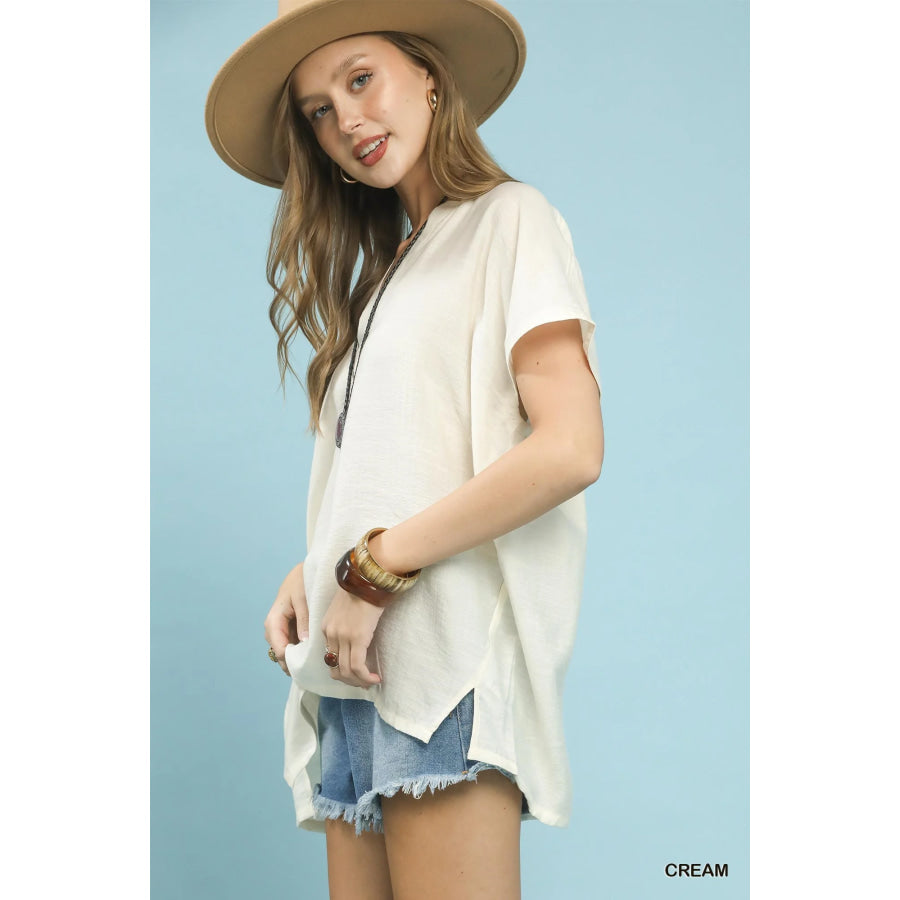 Umgee Flowy V-Neck Short Sleeve Blouse Apparel and Accessories