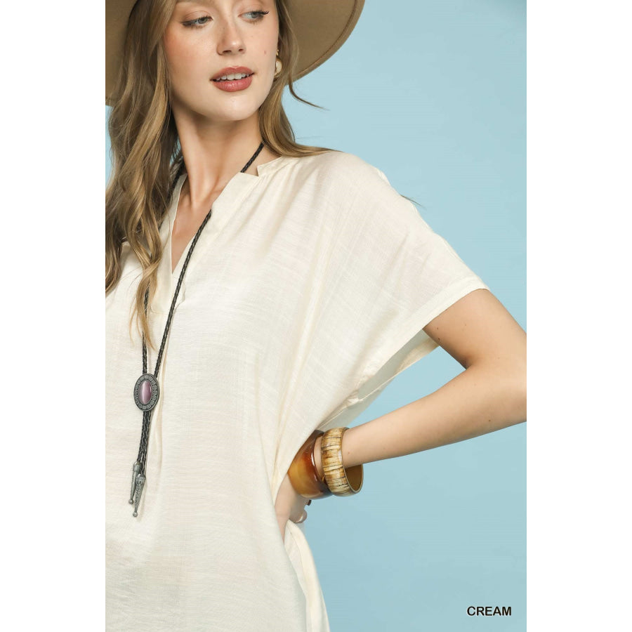 Umgee Flowy V-Neck Short Sleeve Blouse Apparel and Accessories