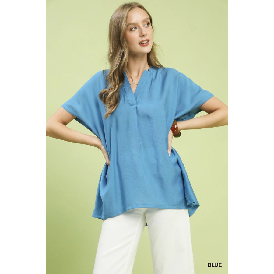 Umgee Flowy V-Neck Short Sleeve Blouse BLUE / S Apparel and Accessories
