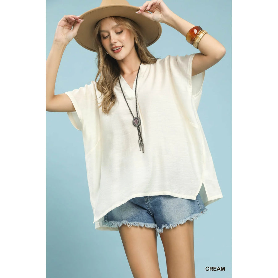 Umgee Flowy V-Neck Short Sleeve Blouse CREAM / S Apparel and Accessories
