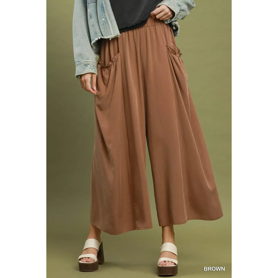 Umgee Flowy Wide Leg Pocket Pants BROWN / S Apparel and Accessories