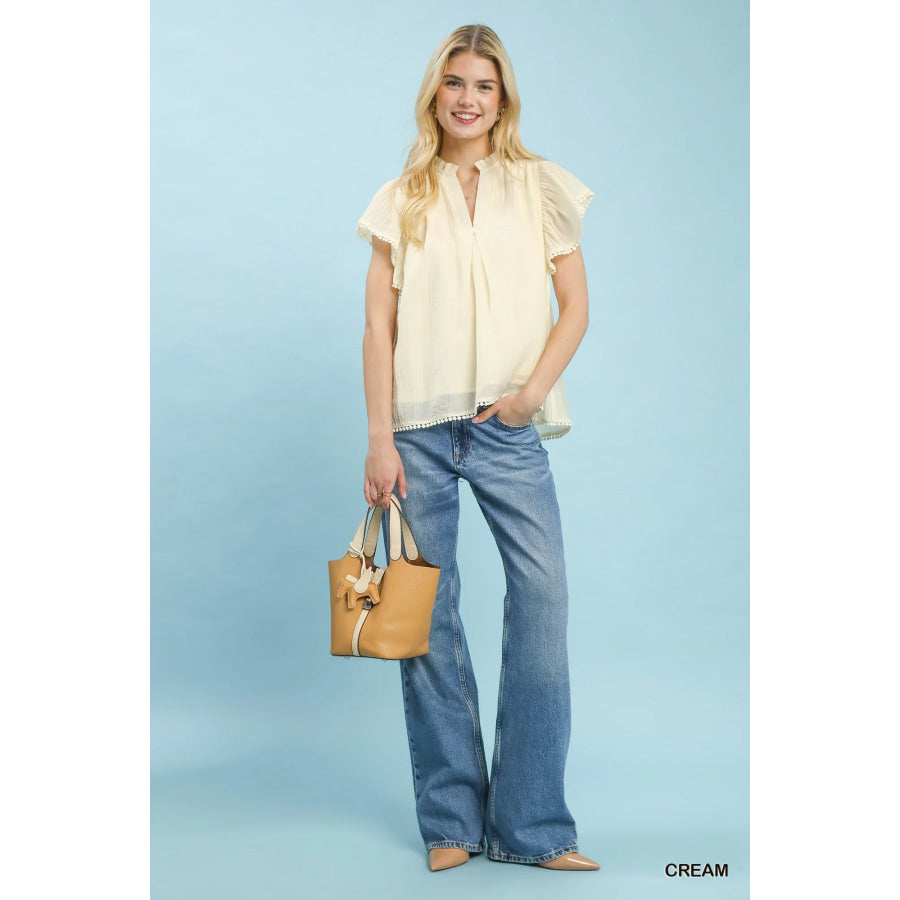 Umgee Flutter Sleeve Relaxed Top with Trim Detail Apparel and Accessories