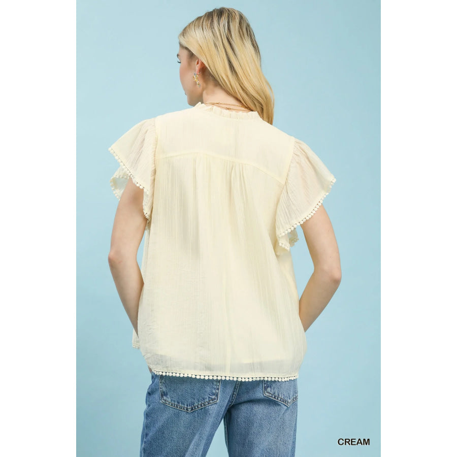Umgee Flutter Sleeve Relaxed Top with Trim Detail Apparel and Accessories