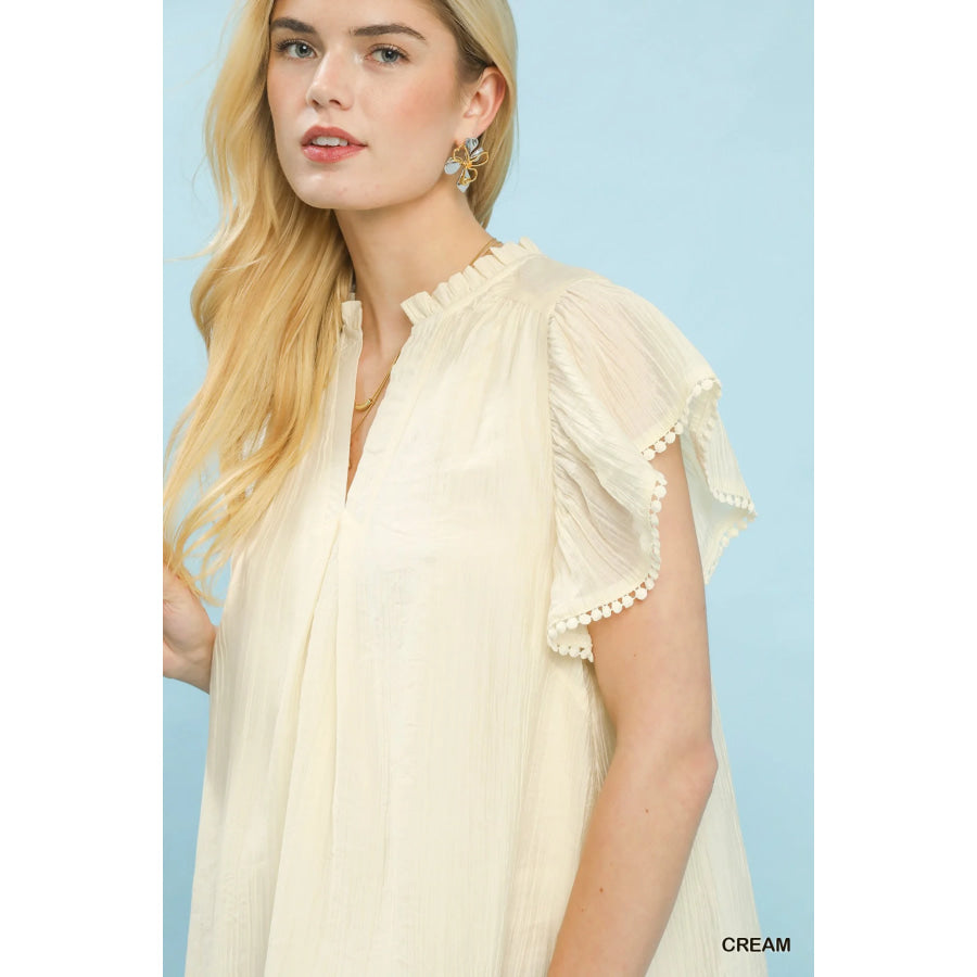 Umgee Flutter Sleeve Relaxed Top with Trim Detail Apparel and Accessories