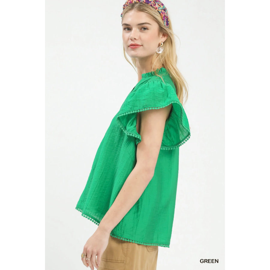 Umgee Flutter Sleeve Relaxed Top with Trim Detail Apparel and Accessories