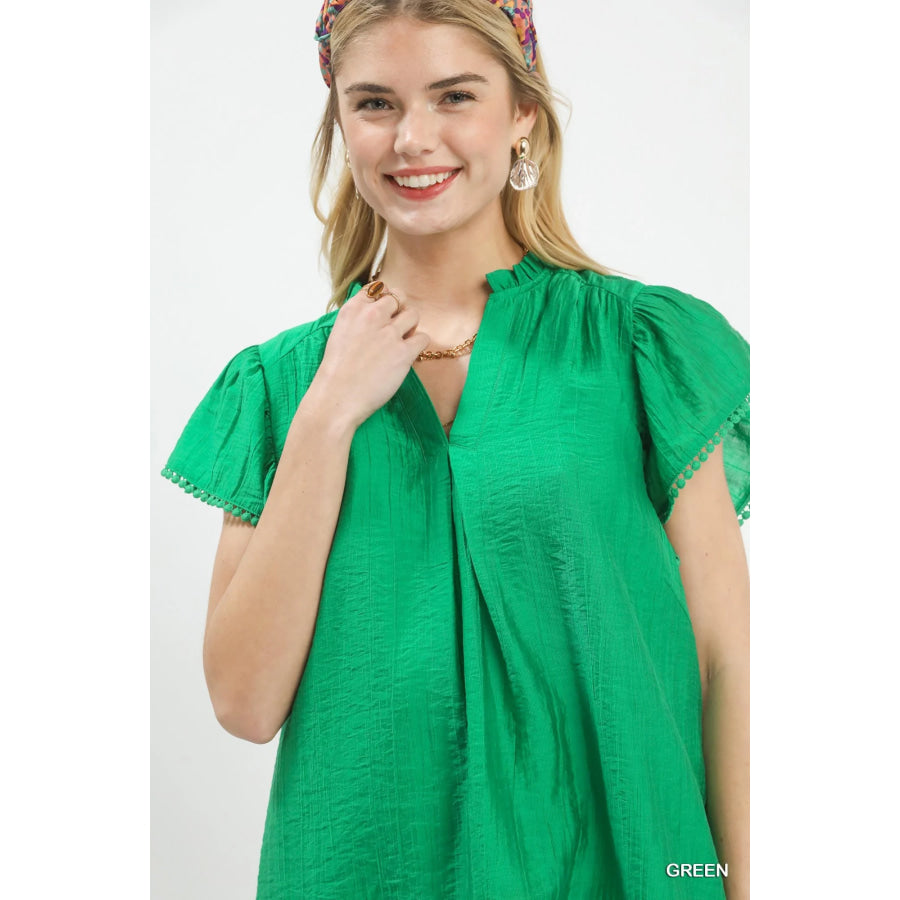Umgee Flutter Sleeve Relaxed Top with Trim Detail Apparel and Accessories