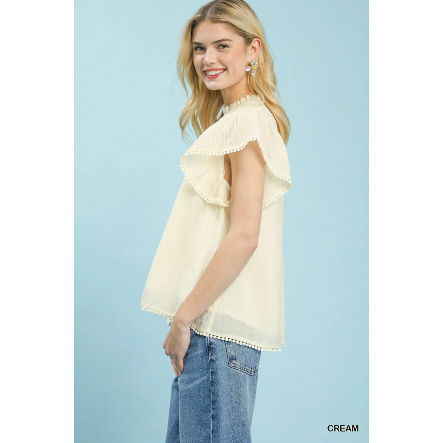 Umgee Flutter Sleeve Relaxed Top with Trim Detail CREAM / S Apparel and Accessories
