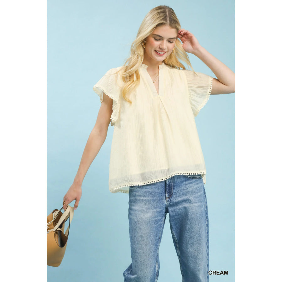 Umgee Flutter Sleeve Relaxed Top with Trim Detail CREAM / S Apparel and Accessories