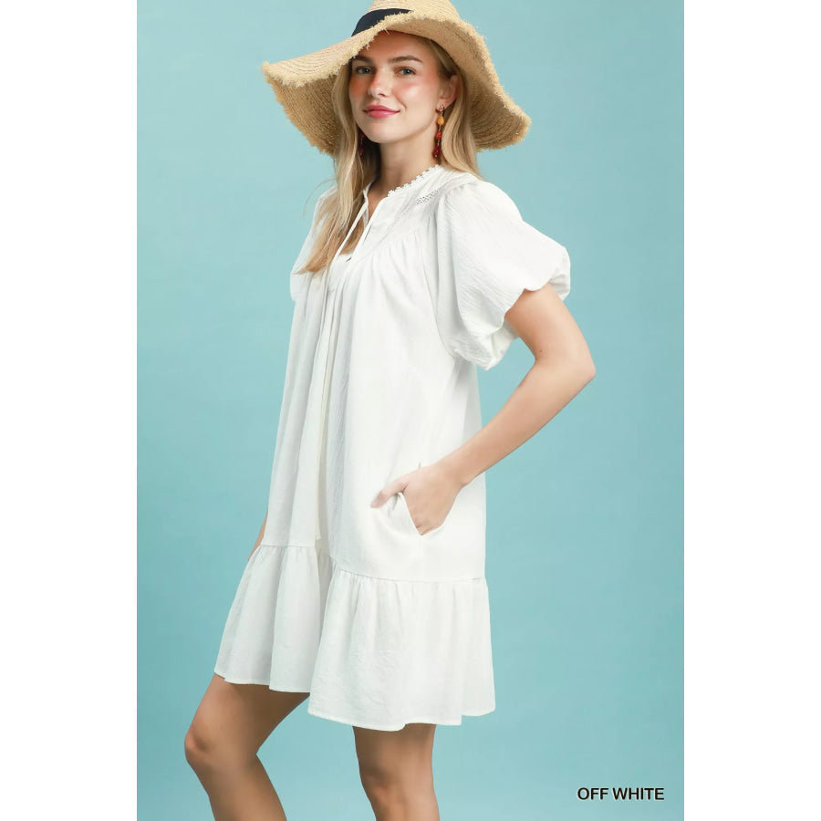 Umgee Flutter Sleeve Tassel Tie Ruffle Hem Mini Dress OFF WHITE / S Apparel and Accessories